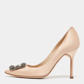 Pre Owned Manolo Blahnik Beige Satin Hangisi Pumps Size 37.5