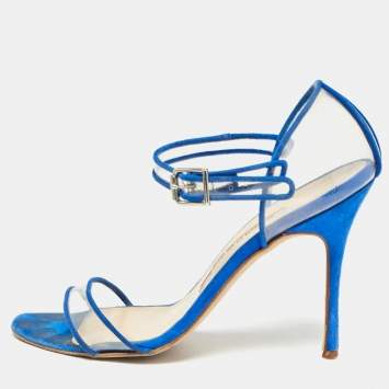Pre Owned Manolo Blahnik Blue/Transperent PVC and Suede Mary Jane  Pumps  Size 36.5