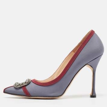Pre Owned Manolo Blahnik Grey/Burgundy Satin and Canvas Gotrian Pumps Size 39
