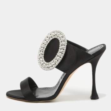 Pre Owned Manolo Blahnik Black Satin Fibiona Slide Sandals Size 40
