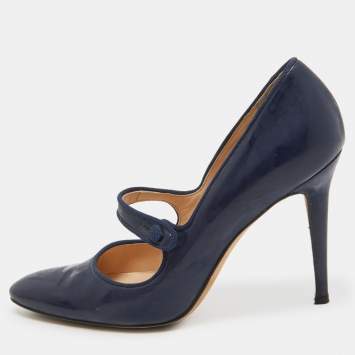Pre Owned Manolo Blahnik Navy Blue Patent Leather Mary Jane Pumps Size 38