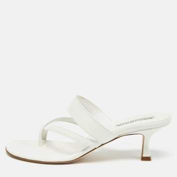 Pre Owned Manolo Blahnik White Leather Susa Slide Sandals Size 38