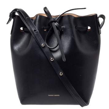 Pre Owned Mansur Gavriel Black Leather Drawstring Bucket Bag 
