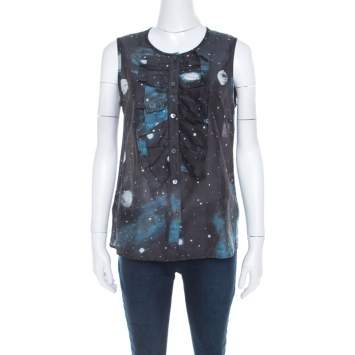 Pre Owned Marc by Marc Jacobs Black Stargazer Print Cotton Silk Ruffled Sleeveless Top S