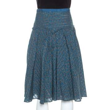 Pre Owned Marc Jacobs Blue Floral Printed Cotton Lurex Striped Midi Skirt M