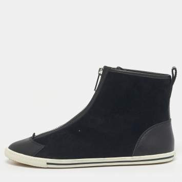 Pre Owned Marc by Marc Jacobs Black Leather and Suede Zip Front High Top Sneakers Size 37
