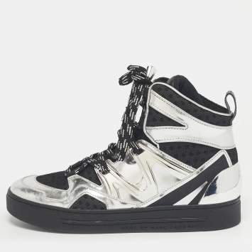 Pre Owned Marc by Marc Jacobs Silver/Black Leather and Fabric High Top Sneakers Size 36