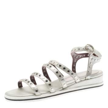 Pre Owned Marc by Marc Jacobs Metallic Silver Leather Gena Studded Ankle Strap Flat Sandals Size 36