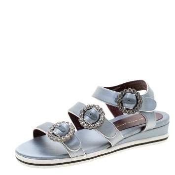 Pre Owned Marc By Marc Jacobs Grey Satin Crystal Embellished Buckle Flat Strappy Sandals Size 36
