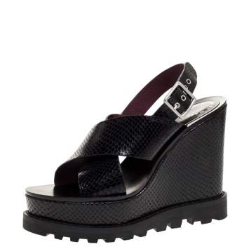 Pre Owned Marc by Marc Jacobs Black Python Embossed Leather Wedge Platform Ankle Strap Sandals Size 39