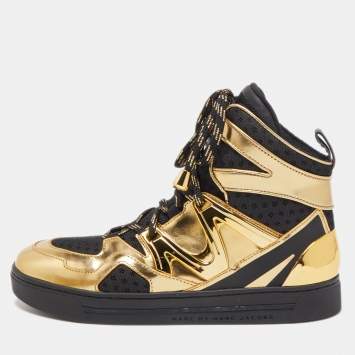 Pre Owned Marc Jacobs Black/Gold Leather and Mesh High Top Sneakers Size 38