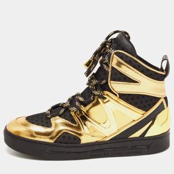 Pre Owned Marc by Marc Jacobs Gold/Black Leather and Mesh High Top Sneakers Size 36