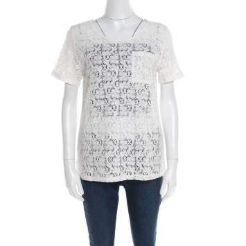 Pre Owned Marc by Marc Jacobs Off White Floral Lace Short Sleeve Top M