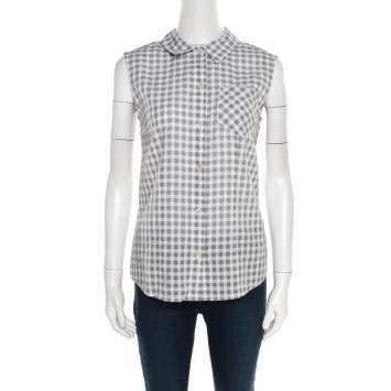 Pre Owned Marc by Marc Jacobs Grey and White Gingham Checked Cotton Sleeveless Shirt S