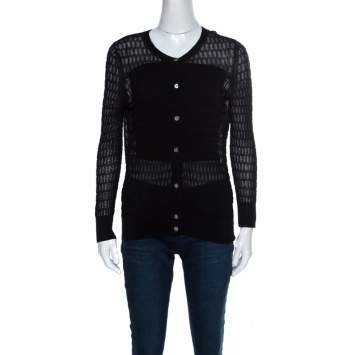 Pre Owned Marc by Marc Jacobs Black Perforated Knit Cotton Blend Button Front Cardigan S