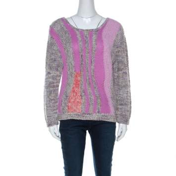 Pre Owned Marc by Marc Jacobs Grey & Purple Cotton Blend Hand Knit Sweater M