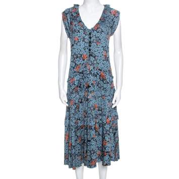 Pre Owned Marc by Marc Jacobs Teal Blue Floral Printed Modal Ruffle Detail Dress L