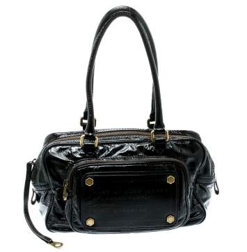 Pre Owned Marc by Marc Jacobs Black Laminated Leather Zip Pockets Satchel