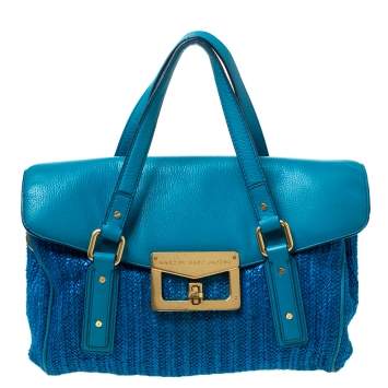 Pre Owned Marc by Marc Jacobs Two Tone Blue Raffia and Leather Turnlock Flap Shoulder Bag