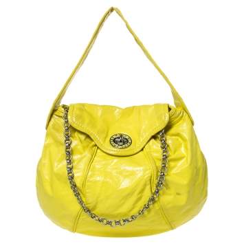 Pre Owned Marc by Marc Jacobs Yellow Patent Leather Turnlock Flap Chain Hobo