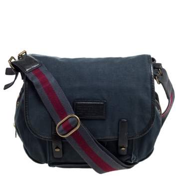 Pre Owned Marc by Marc Jacobs Dark Blue Canvas and Leather Turnlock Flap Shoulder Bag