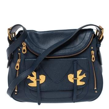Pre Owned Marc by Marc Jacobs Navy Blue Leather Petal to the Metal Natasha Bird Shoulder Bag