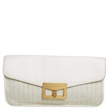 Pre Owned Marc By Marc Jacobs White Leather and Straw Flap Clutch