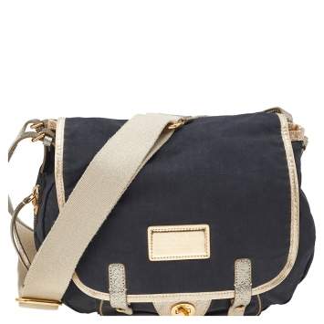 Pre Owned Marc By Marc Jacobs Black/Gold Fabric And Crackle Leather Flap Messenger Bag