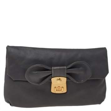 Pre Owned Marc by Marc Jacobs Grey Leather Flap Bow Clutch