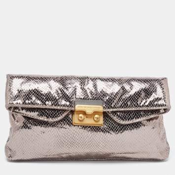 Pre Owned Marc by Marc Jacobs Metallic Silver Snakeskin Embossed Leather Foldover Clutch