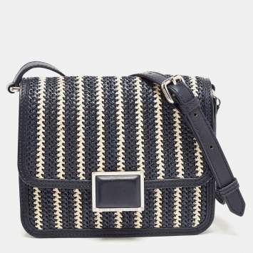 Pre Owned Marc By Marc Jacobs Navy Blue/White Woven Raffia and Leather Flap Crossbody Bag