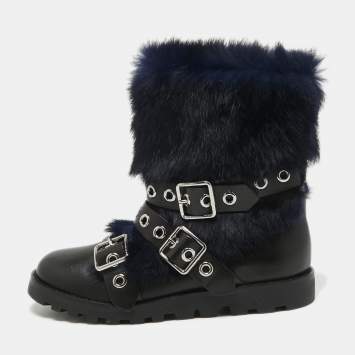 Pre Owned Marc by Marc Jacobs Black Shearing Fur and Leather Ankle Length Boots Size 36.5
