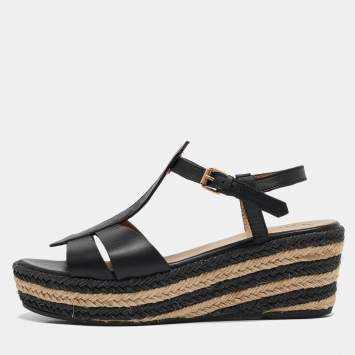 Pre Owned Marc by Marc Jacobs Black Leather Stripe Espadrille Wedge Sandals Size 39