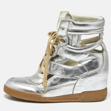 Pre Owned Marc by Marc Jacobs Silver Leather Cut Out High Top Sneakers Size 40