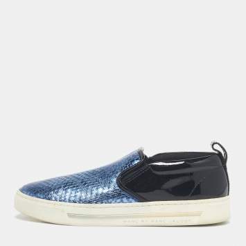Pre Owned Marc by Marc Jacobs Blue/Black Snakeskin Embossed and  Patent Leather Broome Slip On Sneakers Size 36
