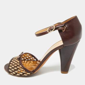 Pre Owned Marc by Marc Jacobs Brown/Gold Leather Bow Ankle Strap Sandals Size 37.5