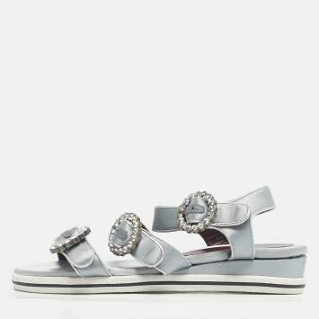 Pre Owned Marc by Marc Jacobs Grey Satin Crystal Embellished Ankle Strap Sandals Size 36.5