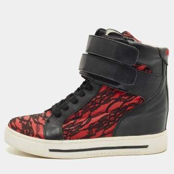 Pre Owned Marc by Marc Jacobs Black/Red Lace and Leather High Top Sneakers Size 36