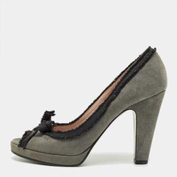 Pre Owned Marc by Marc Jacobs Grey Suede Bow Peep Toe Pumps Size 37