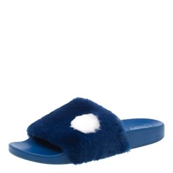 Pre Owned Marc By Marc Jacobs Blue Rabbit Fur Dot Flat Slides Size 38