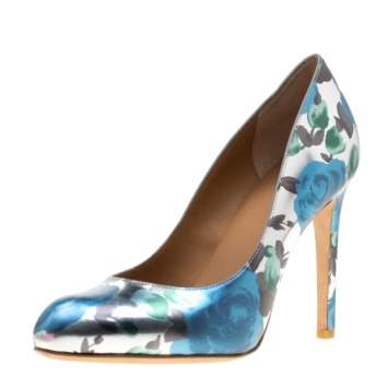 Pre Owned Marc by Marc Jacobs Metallic Silver Floral Printed Foil Leather Pumps 38.5