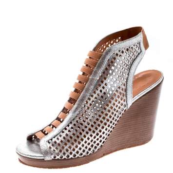 Pre Owned Marc by Marc Jacobs Metallic Silver Perforated Leather Susanna Wedge Platform Sandals Size 40.5