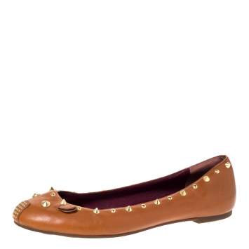 Pre Owned Marc by Marc Jacobs Tan Leather Spike Trim Mouse Ballet Flats Size 41