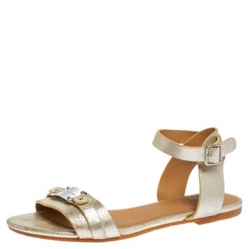 Pre Owned Marc by Marc Jacobs Silver Metallic Finish Leather Flat Sandals Size 36.5