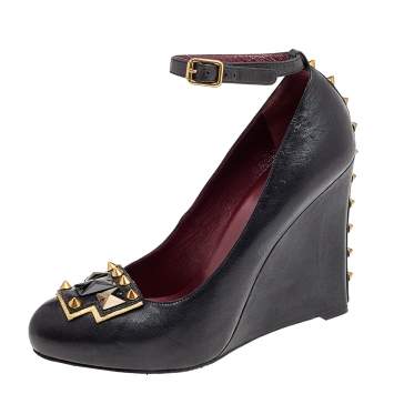 Pre Owned Marc by Marc Jacobs Black Leather Embellished Wedge Ankle Strap Pumps Size 38.5