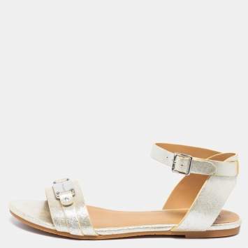 Pre Owned Marc by Marc Jacobs Metallic Silver Leather Ankle Strap Flats Size 37