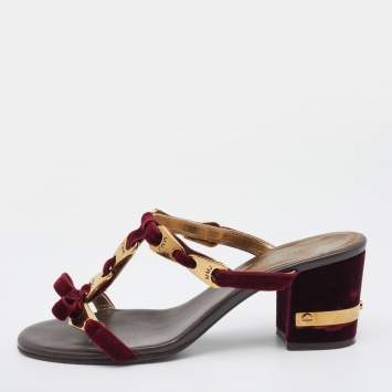 Pre Owned Marc by Marc Jacobs Burgundy Velvet Bow Block Heel Slide Sandals Size 39.5