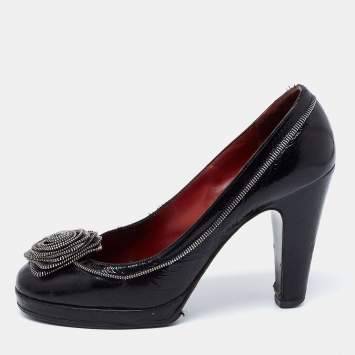 Pre Owned Marc by Marc Jacobs Black Leather Zipper Flower Pumps Size 37.5