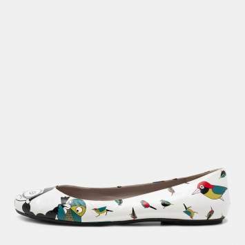 Pre Owned Marc by Marc Jacobs White/Multicolor Bird Printed Leather Ballet Flats Size 40