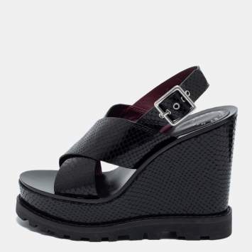 Pre Owned Marc by Marc Jacobs Black Snakeskin Embossed Leather Irving Cross Strap Platform Wedge Sandals Size 38